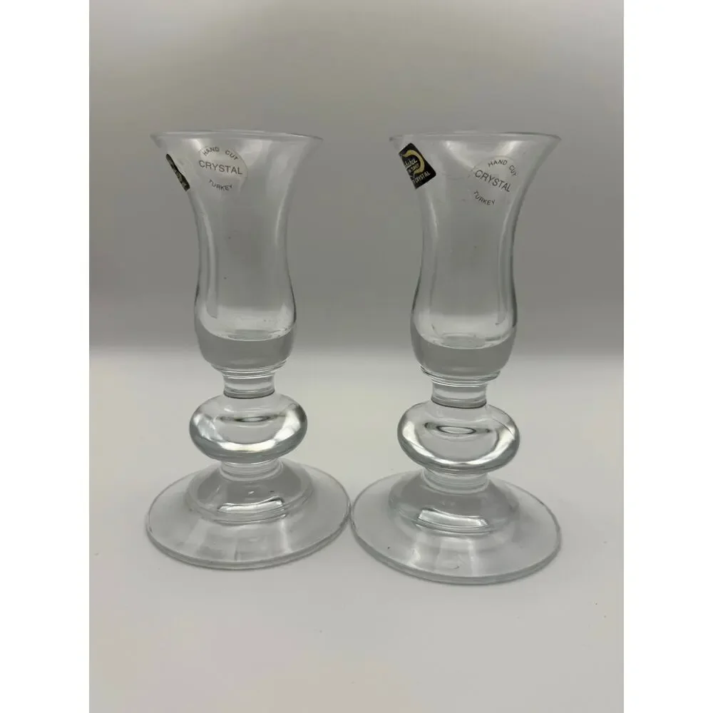 Vintage Pasabahce Clear Crystal Taper Candlestick Holders Pair Turkey 2